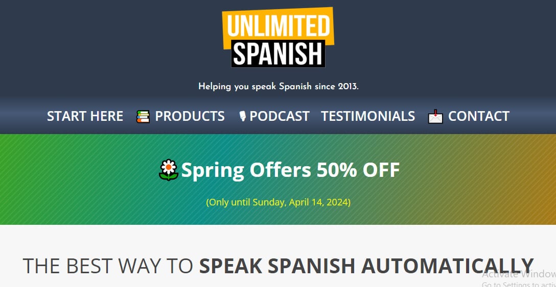 الواجهة الرئيسية لموقع بودكاست Unlimited Spanish