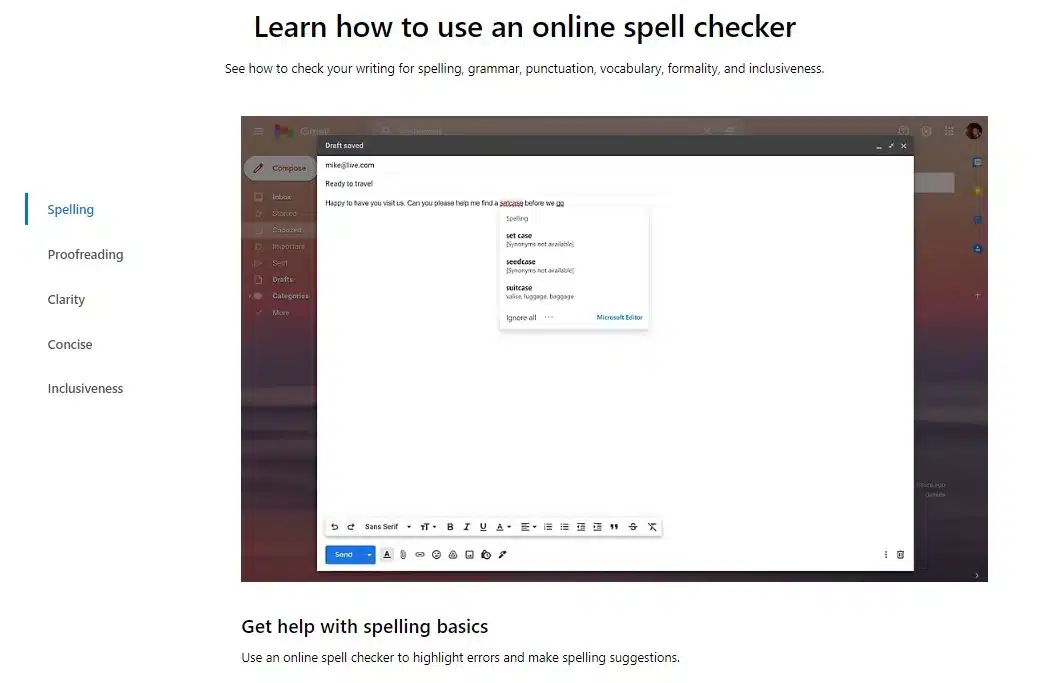 خصائص أداة Microsoft Editor