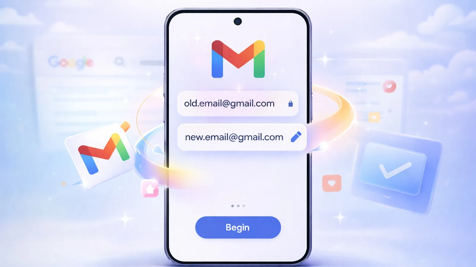 هاتف ذكي يعرض واجهة Gmail مع خيار تغيير عنوان البريد الإلكتروني من عنوان قديم إلى عنوان جديد.