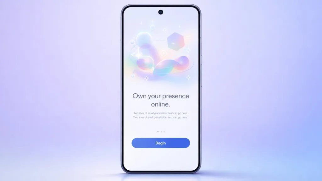 هاتف ذكي يعرض واجهة تطبيق رقمية مع رسالة تتعلق بالتحكم في الحضور والهوية على الإنترنت، في سياق الخصوصية والأمان الرقمي.