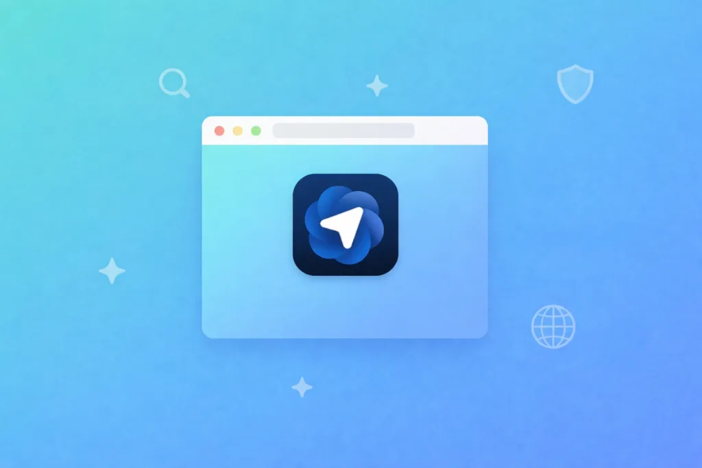 واجهة توضيحية لأداة ChatGPT Atlas داخل متصفح، مع شعار الأداة على خلفية زرقاء.