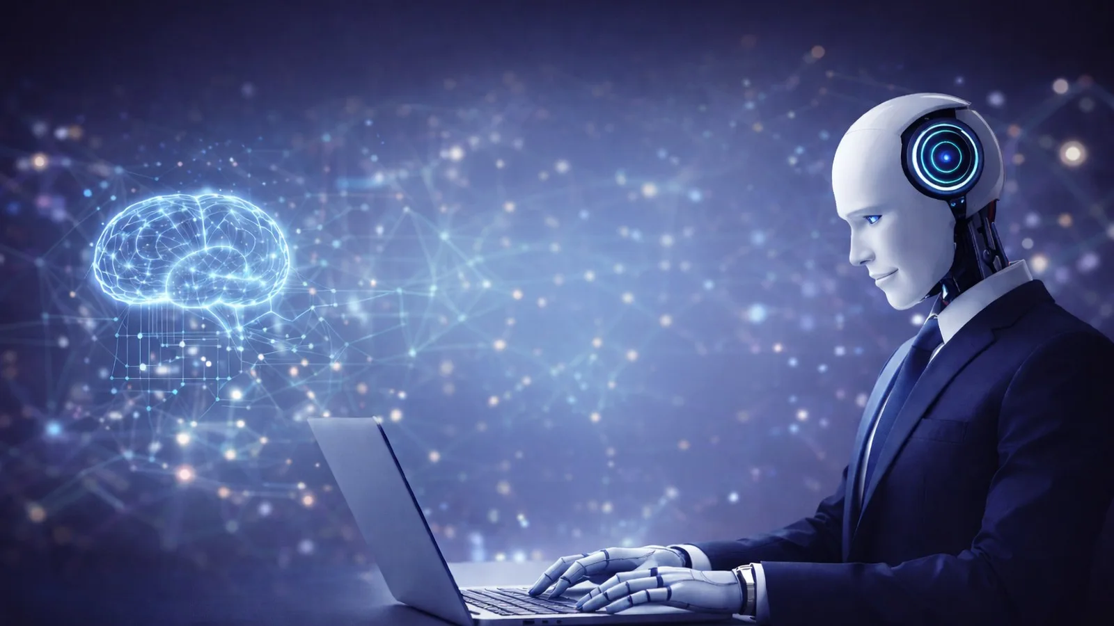 روبوت يعمل على جهاز كمبيوتر محمول مع تمثيل رقمي للدماغ، يرمز إلى تأثير الذكاء الاصطناعي على سوق العمل والمهن.