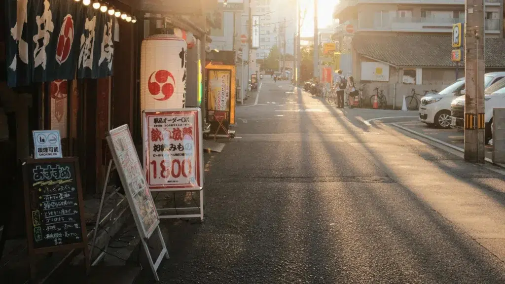 شارع هادئ في إحدى المدن اليابانية مع متاجر محلية ولافتات يابانية، يرمز للحياة اليومية للمقيمين في اليابان.